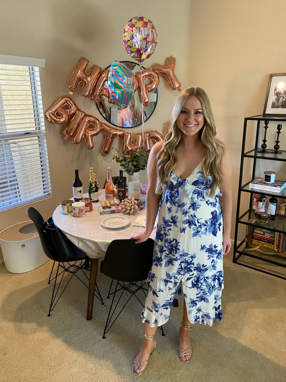 Lulu's White Midi Dress with Blue Floral Print